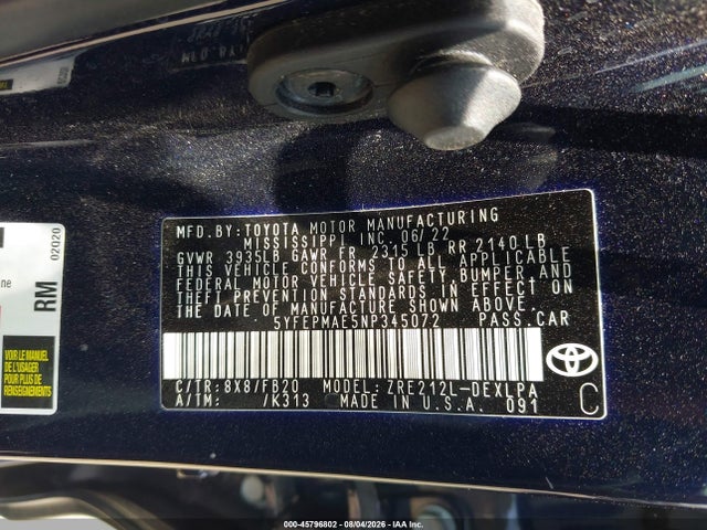 Продаж на аукціоні авто 2022 Toyota Corolla Le, vin: 5YFEPMAE5NP345072, номер лоту: 45796802