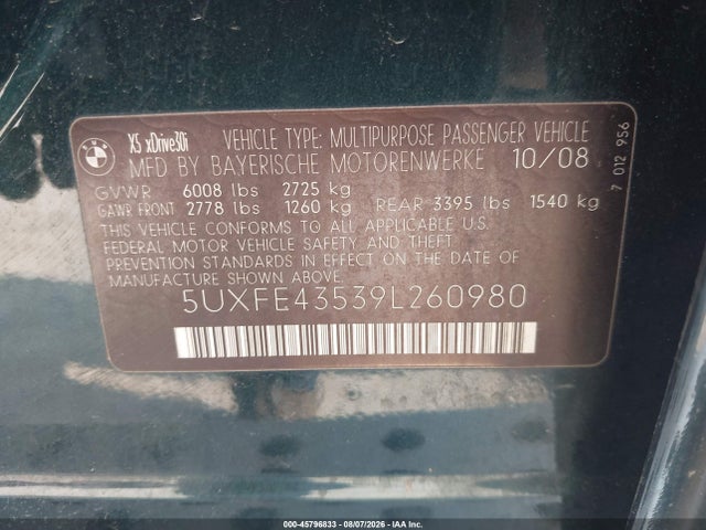 Aukcja sprzedaży 2009 Bmw X5 Xdrive30i, vin: 5UXFE43539L260980, numer aukcji: 45796833