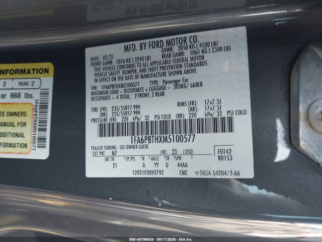 Aukcja sprzedaży 2021 Ford Mustang Ecoboost Fastback, vin: 1FA6P8THXM5100577, numer aukcji: 45796839
