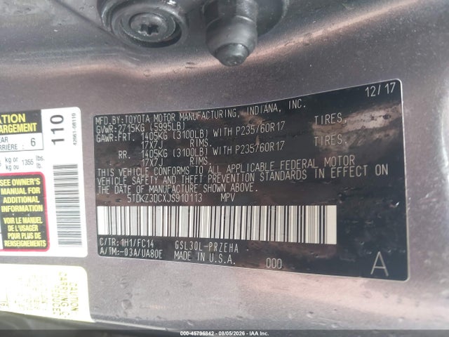 Продажа на аукционе авто 2018 Toyota Sienna Le 8 Passenger, vin: 5TDKZ3DCXJS910113, номер лота: 45796842