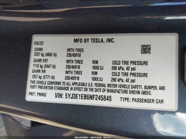 Aukcja sprzedaży 2022 Tesla Model 3 Long Range Dual Motor All-wheel Drive, vin: 5YJ3E1EB6NF245845, numer aukcji: 45796851