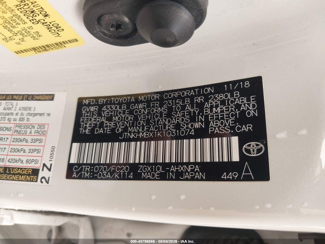 45796866 :رقم المزاد ، JTNKHMBX1K1031074 vin ، 2019 Toyota C-hr Le مزاد بيع