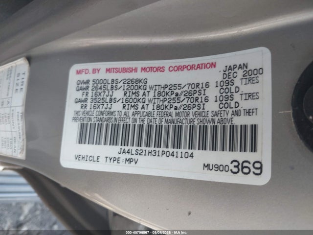 45796867 :رقم المزاد ، JA4LS21H31P041104 vin ، 2001 Mitsubishi Montero Sport Es/ls مزاد بيع