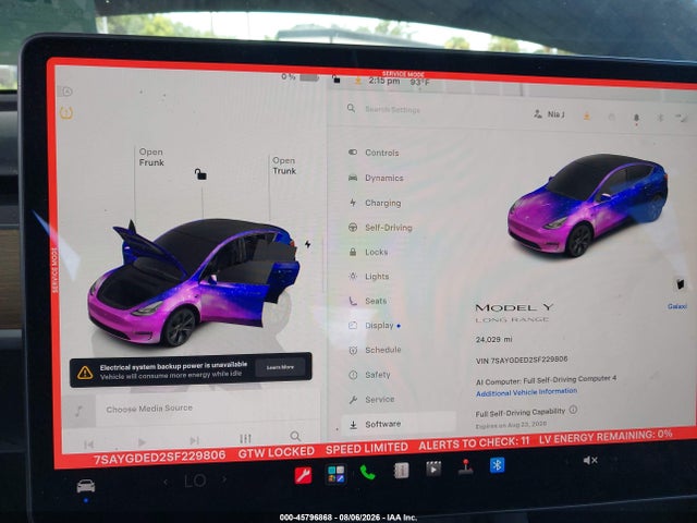 2025 Tesla Model Y Long Range Dual Motor Rear-wheel Drive მანქანა იყიდება აუქციონზე, vin: 7SAYGDED2SF229806, აუქციონის ნომერი: 45796868