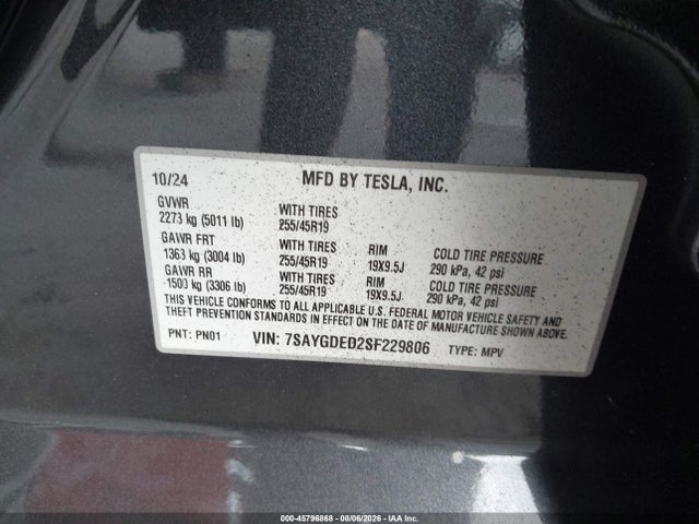 2025 Tesla Model Y Long Range Dual Motor Rear-wheel Drive მანქანა იყიდება აუქციონზე, vin: 7SAYGDED2SF229806, აუქციონის ნომერი: 45796868