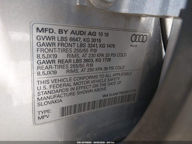 2019 Audi Q7 55 Premium/55 Se Premium მანქანა იყიდება აუქციონზე, vin: WA1LAAF79KD017275, აუქციონის ნომერი: 45796880