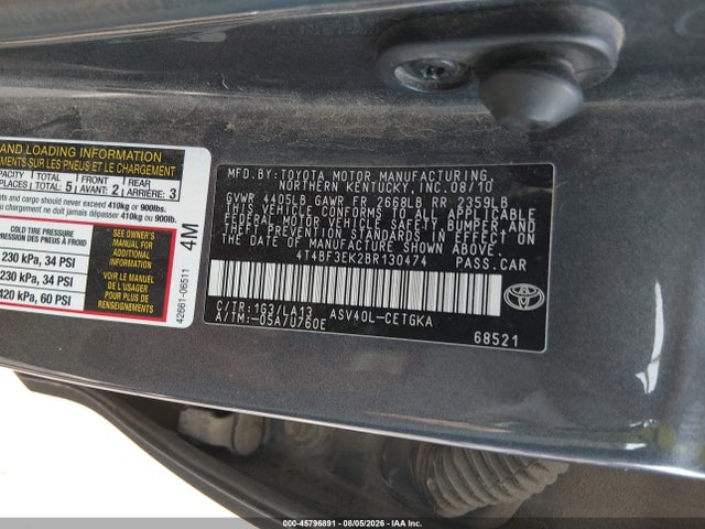 45796891 :رقم المزاد ، 4T4BF3EK2BR130474 vin ، 2011 Toyota Camry Xle مزاد بيع