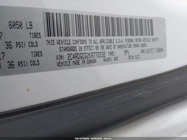 Продаж на аукціоні авто 2019 Dodge Grand Caravan Sxt, vin: 2C4RDGCG2KR772232, номер лоту: 45796905