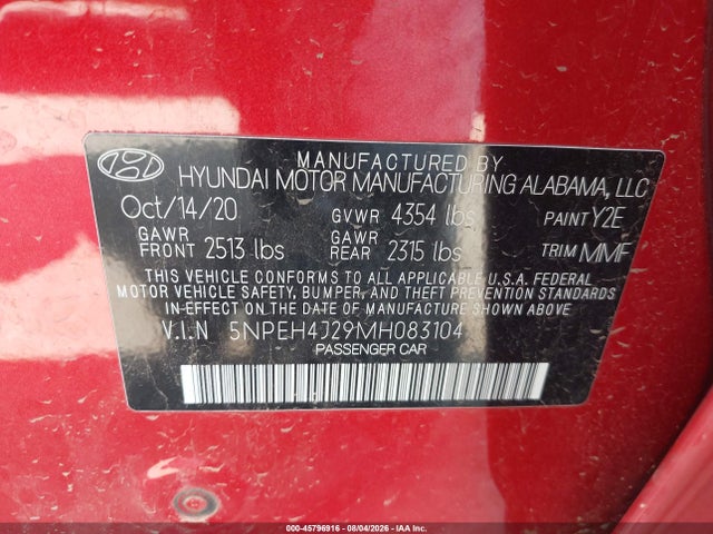 Aukcja sprzedaży 2021 Hyundai Sonata Limited, vin: 5NPEH4J29MH083104, numer aukcji: 45796916