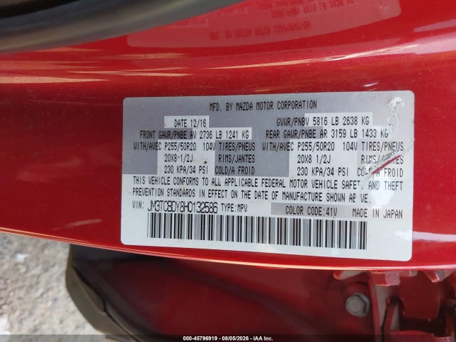 Продажа на аукционе авто 2017 Mazda Cx-9 Grand Touring, vin: JM3TCBDY8H0132586, номер лота: 45796919
