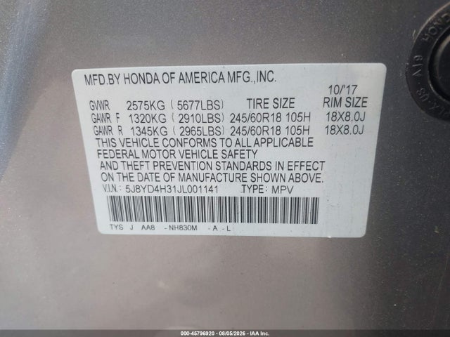 Продаж на аукціоні авто 2018 Acura Mdx, vin: 5J8YD4H31JL001141, номер лоту: 45796920