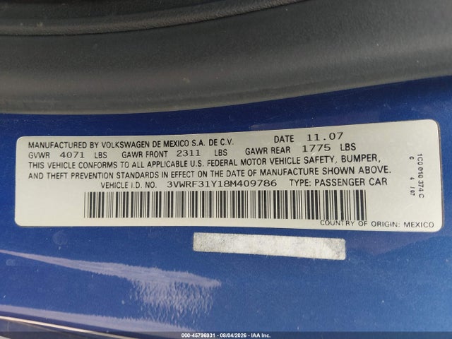 Продаж на аукціоні авто 2008 Volkswagen New Beetle Se, vin: 3VWRF31Y18M409786, номер лоту: 45796931