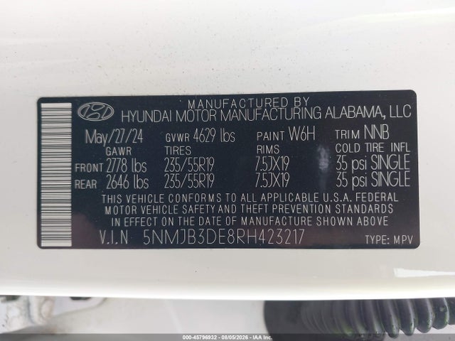 Aukcja sprzedaży 2024 Hyundai Tucson Sel, vin: 5NMJB3DE8RH423217, numer aukcji: 45796932