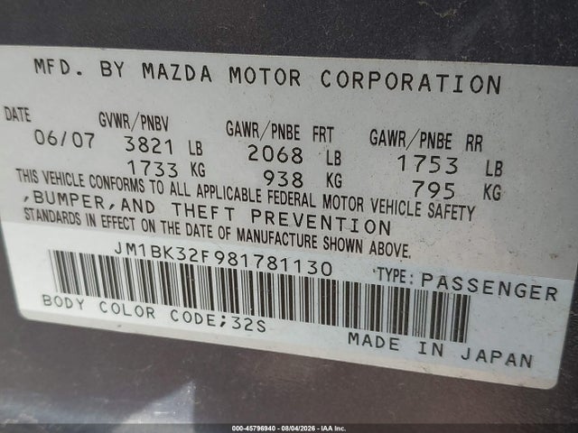 Продажа на аукционе авто 2008 Mazda Mazda3, vin: JM1BK32F981781130, номер лота: 45796940