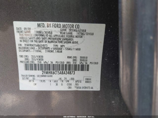 45796944 :رقم المزاد ، 2FMHK6CT5ABA34873 vin ، 2010 Ford Flex Sel مزاد بيع