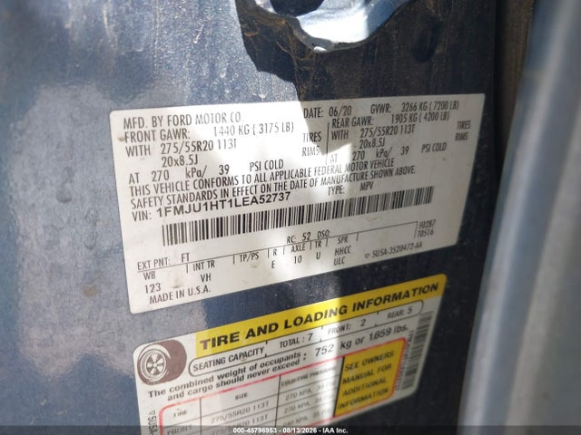 45796953 :رقم المزاد ، 1FMJU1HT1LEA52737 vin ، 2020 Ford Expedition Xlt مزاد بيع