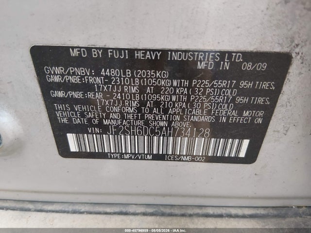 45796959 :رقم المزاد ، JF2SH6DC5AH734128 vin ، 2010 Subaru Forester 2.5x Limited مزاد بيع