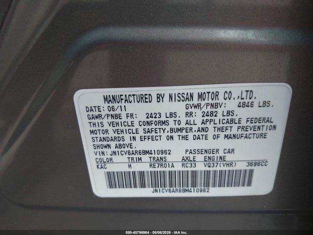 45796964 :رقم المزاد ، JN1CV6AR6BM410962 vin ، 2011 Infiniti G37x مزاد بيع