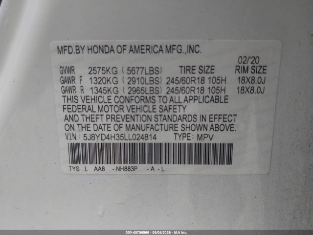 Продаж на аукціоні авто 2020 Acura Mdx Standard, vin: 5J8YD4H35LL024814, номер лоту: 45796966