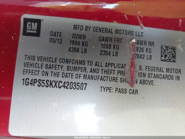 45796976 :رقم المزاد ، 1G4PS5SKXC4203507 vin ، 2012 Buick Verano Leather Group مزاد بيع