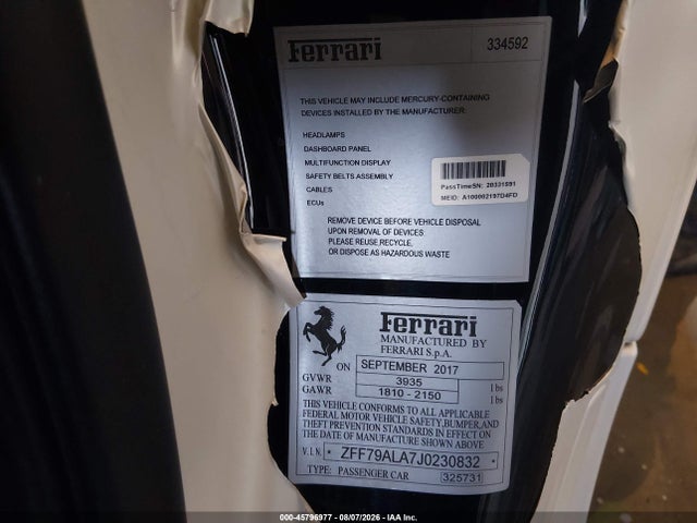 45796977 :رقم المزاد ، ZFF79ALA7J0230832 vin ، 2018 Ferrari 488 Gtb مزاد بيع