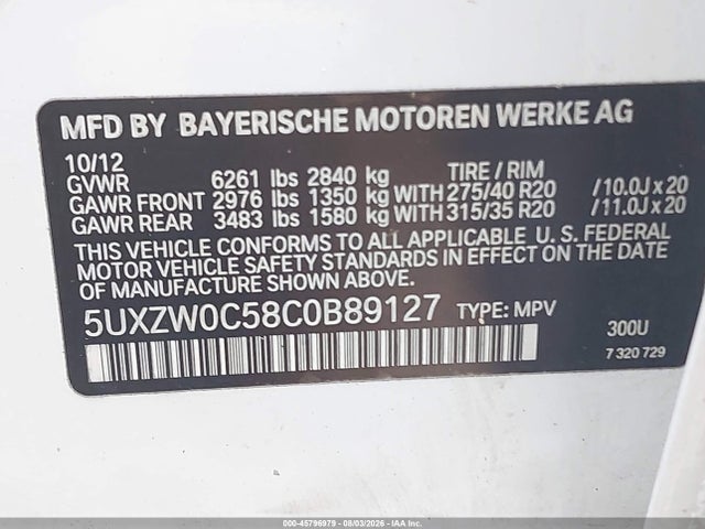 2012 Bmw X5 Xdrive35d მანქანა იყიდება აუქციონზე, vin: 5UXZW0C58C0B89127, აუქციონის ნომერი: 45796979