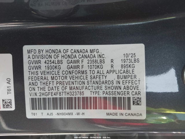 2026 Honda Civic Hybrid Sport/sport Touring მანქანა იყიდება აუქციონზე, vin: 2HGFE4F87TH323785, აუქციონის ნომერი: 45796984