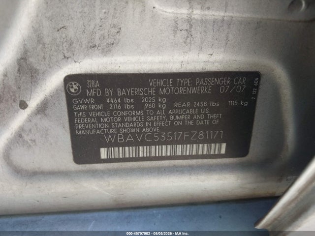 2007 Bmw 328i მანქანა იყიდება აუქციონზე, vin: WBAVC53517FZ81171, აუქციონის ნომერი: 45797002