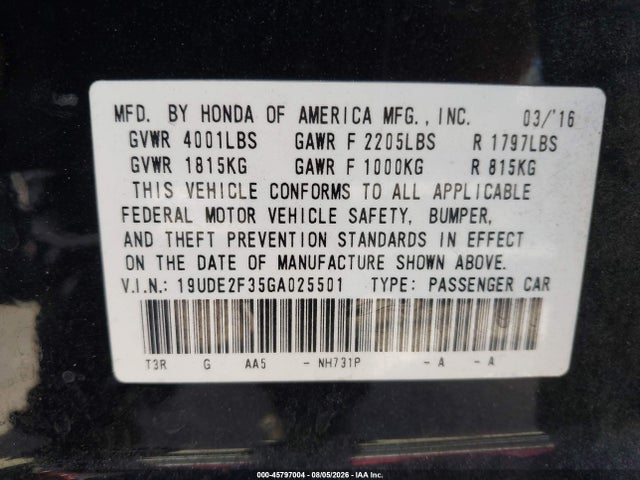 45797004 :رقم المزاد ، 19UDE2F35GA025501 vin ، 2016 Acura Ilx 2.4l/acurawatch Plus Package مزاد بيع