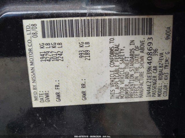 2009 Nissan Altima 2.5 S მანქანა იყიდება აუქციონზე, vin: 1N4AL21E39N408693, აუქციონის ნომერი: 45797019