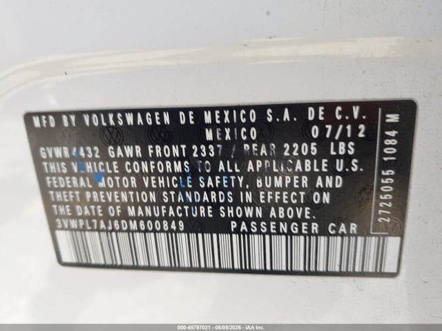 2013 Volkswagen Jetta Sportwagen 2.0l Tdi მანქანა იყიდება აუქციონზე, vin: 3VWPL7AJ6DM600849, აუქციონის ნომერი: 45797021