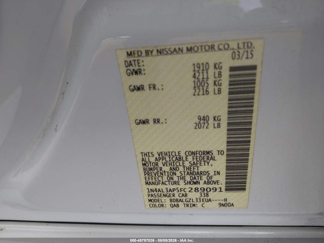 Aukcja sprzedaży 2015 Nissan Altima 2.5 S, vin: 1N4AL3AP5FC289091, numer aukcji: 45797026