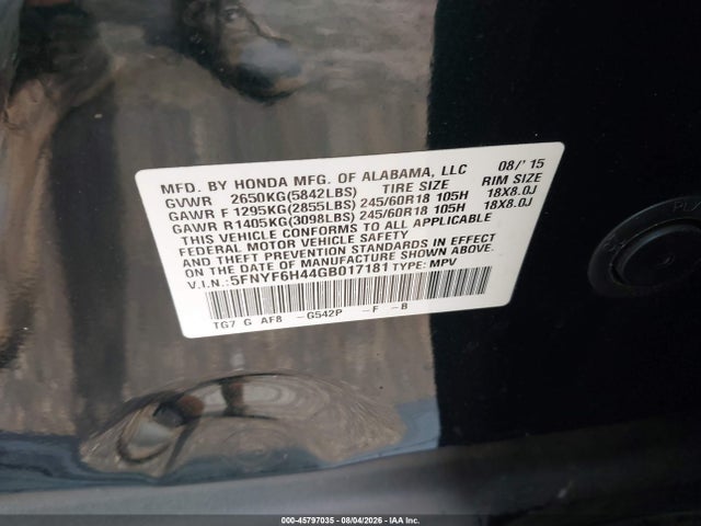 Aukcja sprzedaży 2016 Honda Pilot Ex, vin: 5FNYF6H44GB017181, numer aukcji: 45797035