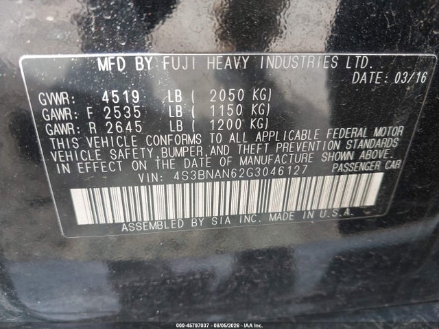 Продаж на аукціоні авто 2016 Subaru Legacy 2.5i Limited, vin: 4S3BNAN62G3046127, номер лоту: 45797037