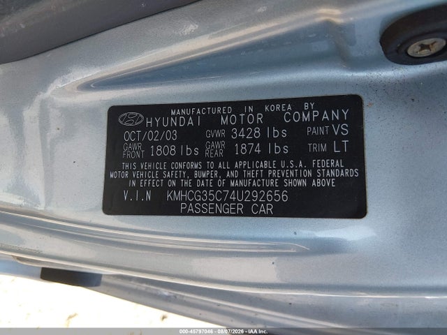 45797046 :رقم المزاد ، KMHCG35C74U292656 vin ، 2004 Hyundai Accent Gl/gt مزاد بيع