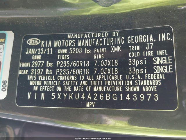 Продаж на аукціоні авто 2011 Kia Sorento Ex V6, vin: 5XYKU4A26BG143973, номер лоту: 45797048