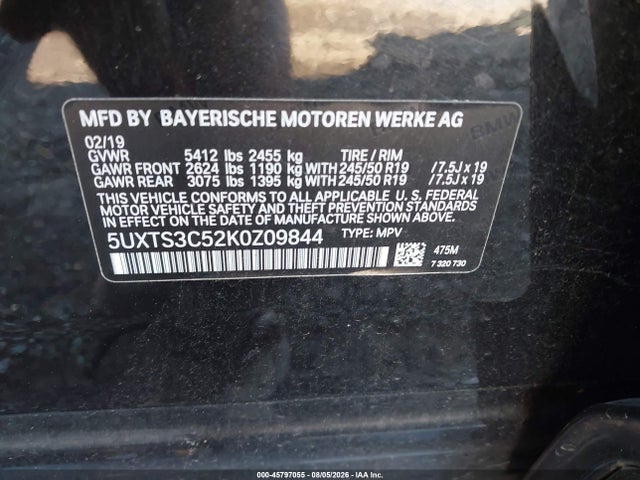 Продаж на аукціоні авто 2019 Bmw X3 M40i, vin: 5UXTS3C52K0Z09844, номер лоту: 45797055