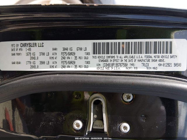 45797058 :رقم المزاد ، 1D3HB18P19S767580 vin ، 2009 Dodge Ram 1500 Slt/sport/trx مزاد بيع