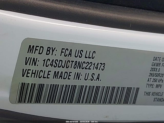 Продажа на аукционе авто 2022 Dodge Durango R/t, vin: 1C4SDJCT8NC221473, номер лота: 45797059