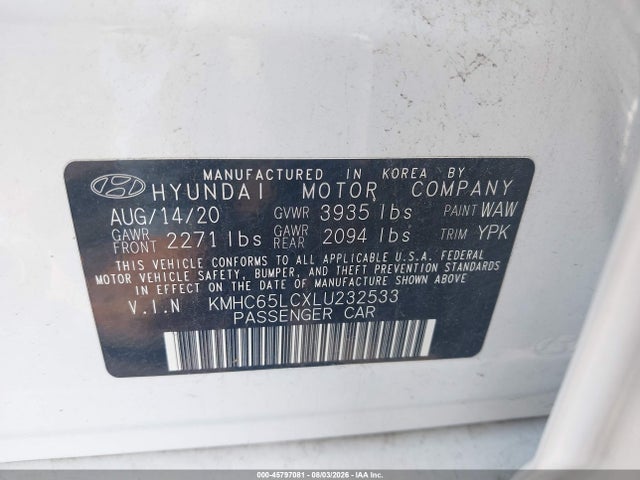 2020 Hyundai Ioniq Hybrid Blue მანქანა იყიდება აუქციონზე, vin: KMHC65LCXLU232533, აუქციონის ნომერი: 45797081