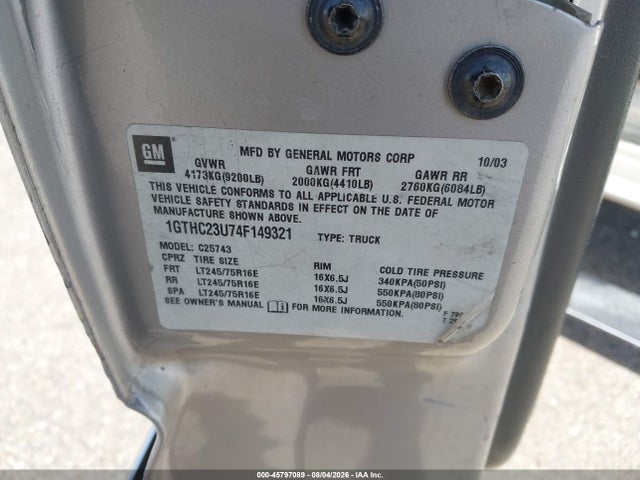 Продаж на аукціоні авто 2004 Gmc Sierra 2500hd Sle, vin: 1GTHC23U74F149321, номер лоту: 45797089