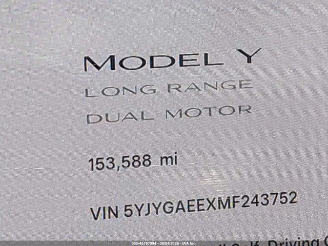 5YJYGAEEXMF243752 Tesla Model Y Long Range Dual Motor All-wheel Drive