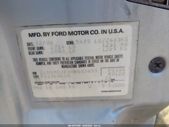 Продажа на аукционе авто 1987 Lincoln Town Car Signature, vin: 1LNBM82F8HY683653, номер лота: 45797099