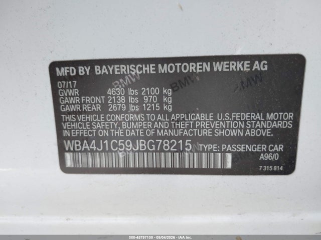 Aukcja sprzedaży 2018 Bmw 430i Gran Coupe, vin: WBA4J1C59JBG78215, numer aukcji: 45797100