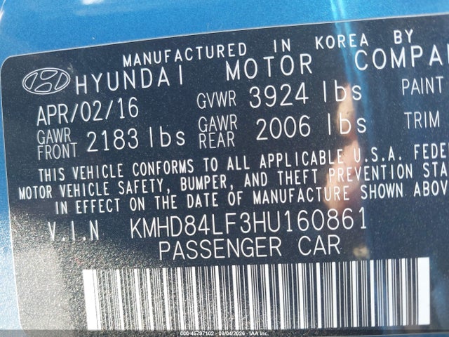 Aukcja sprzedaży 2017 Hyundai Elantra Se, vin: KMHD84LF3HU160861, numer aukcji: 45797102