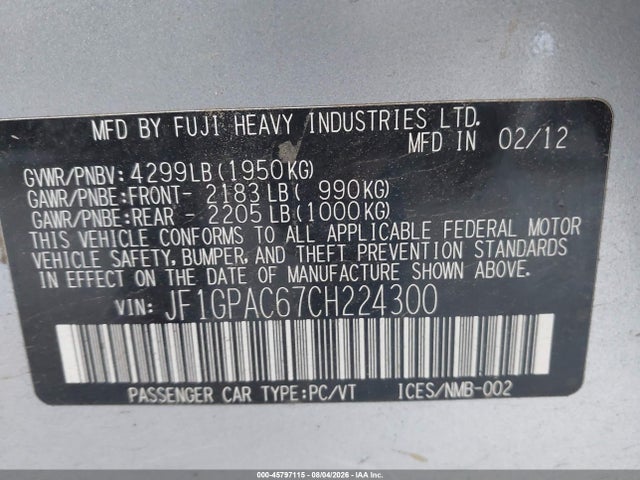 2012 Subaru Impreza 2.0i Premium მანქანა იყიდება აუქციონზე, vin: JF1GPAC67CH224300, აუქციონის ნომერი: 45797115