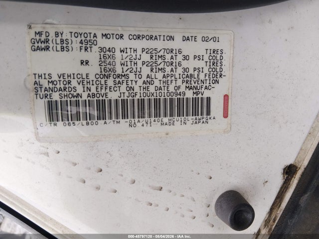 2001 Lexus Rx 300 მანქანა იყიდება აუქციონზე, vin: JTJGF10UX10100949, აუქციონის ნომერი: 45797120