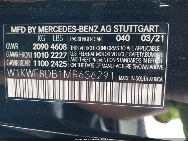 45797124 :رقم المزاد ، W1KWF8DB1MR636291 vin ، 2021 Mercedes-benz C 300 Sedan مزاد بيع