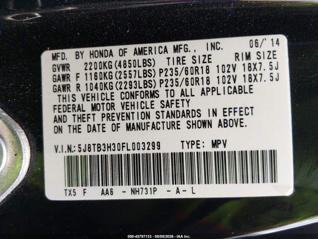 45797133 :رقم المزاد ، 5J8TB3H30FL003299 vin ، 2015 Acura Rdx مزاد بيع