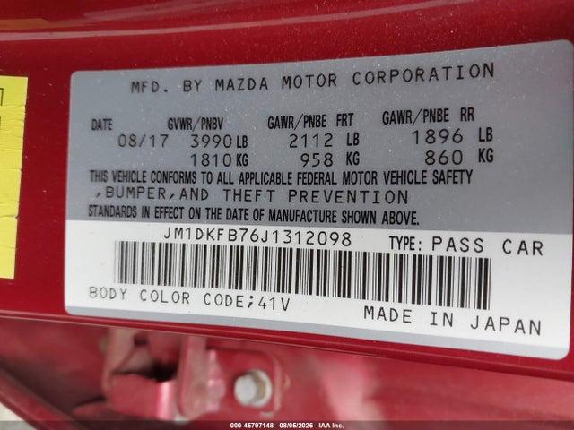 45797148 :رقم المزاد ، JM1DKFB76J1312098 vin ، 2018 Mazda Cx-3 Sport مزاد بيع